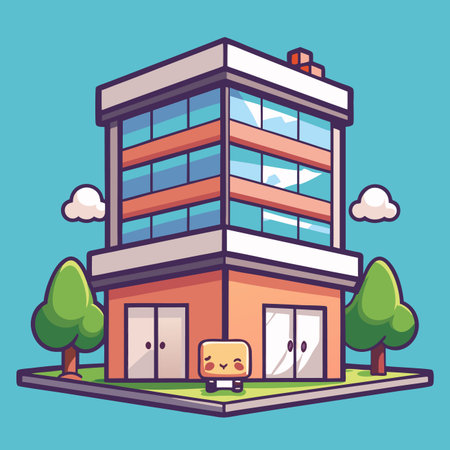 Cute, simplified three story building with glass windows, trees, clouds, and a smiling figureのイラスト素材