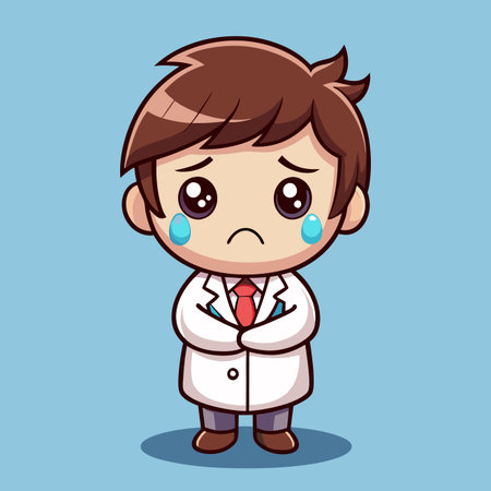 Crying doctor cartoon character with hands clasped in front of him on a blue backgroundのイラスト素材