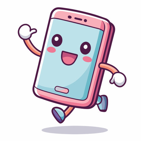 Cheerful phone cartoon character with rosy cheeks, pink border, waving while it runsのイラスト素材