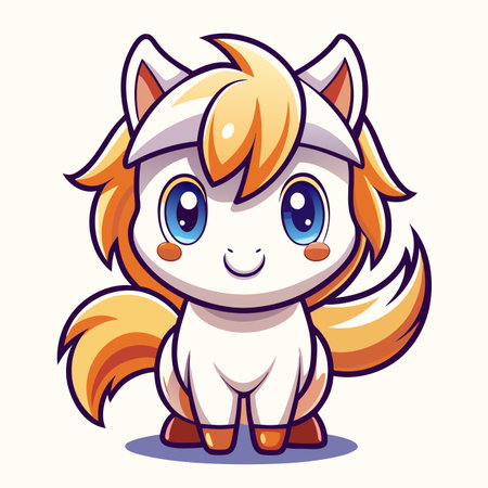 Cute cartoon pony with big blue eyes and orange mane, isolated on white backgroundのイラスト素材
