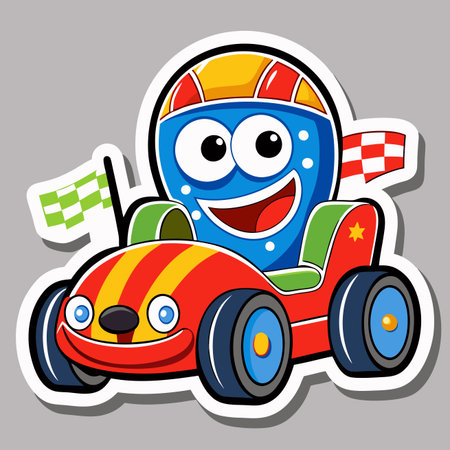 Cartoon racer Smiling vehicle with checkered flags, vibrant colorsのイラスト素材