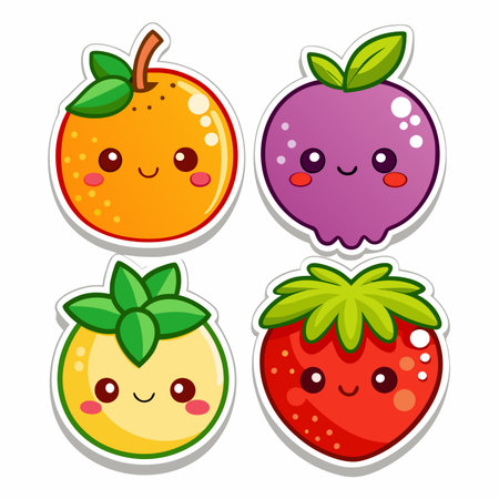 Cute fruit stickers orange, plum, persimmon, strawberry with kawaii smiling facesのイラスト素材