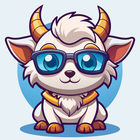 Adorable cartoon goat with glasses sitting against a light blue circle backdropのイラスト素材