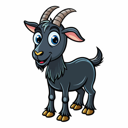 Cartoon goat stands cheerfully. Dark gray fur, curved horns, and big blue eyes on a white backgroundのイラスト素材