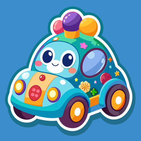 Cute, colorful, cartoon car sticker with candy toppings and a happy face on a blue backgroundのイラスト素材