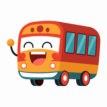 Cheerful cartoon bus waving, orange top, red sides, happy face, clear windows on whiteのイラスト素材