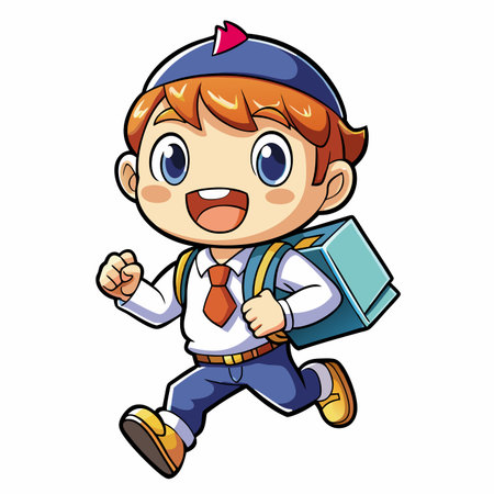 Cartoon schoolboy runs with backpack, wearing hat and uniformのイラスト素材