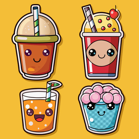Cute drinks Set of four stylized, cartoon beverage cups with smiling faces on yellowのイラスト素材