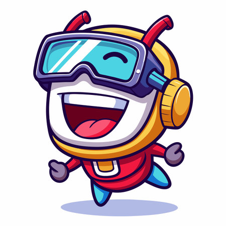 Smiling cartoon character with virtual reality headset joyfully jumpingのイラスト素材