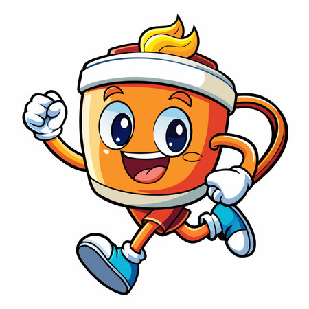 Cartoon coffee cup character running, smiling with energetic poseのイラスト素材
