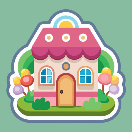 Cute sticker of a small house with a pink roof and colorful trees, on green backgroundのイラスト素材