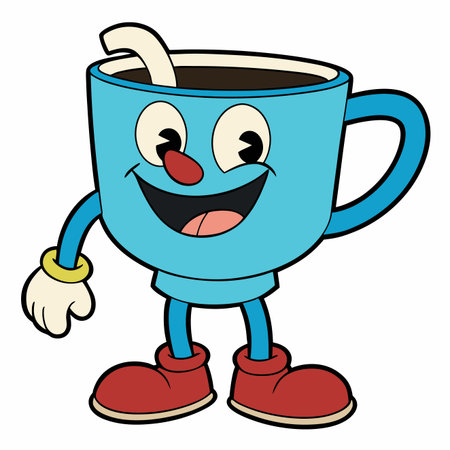 Cheerful, cartoon-style mug with a face, arms, and legs, filled with liquid. Whimsical designのイラスト素材