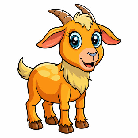 Cheerful orange goat cartoon with horns and big blue eyes stands smilingのイラスト素材