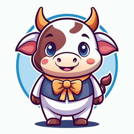 Cartoon cow with a bow tie. Cheerful character with brown spots and a light blue circle behindのイラスト素材