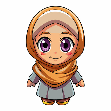 Hijab Girl Cute cartoon woman in traditional headscarf. Big eyes, simple styleのイラスト素材