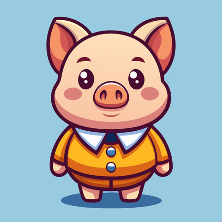 Cartoon piglet wearing outfit. Pink skin, small snout, and buttoned shirt against a light blue backgroundのイラスト素材