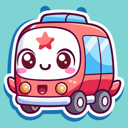 Cartoon ambulance Smiling, with big eyes, red and white, on light blue backgroundのイラスト素材