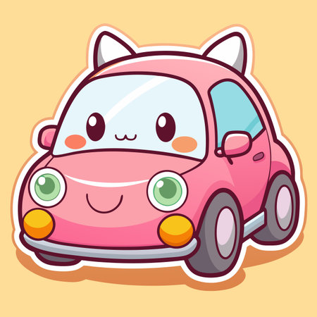 Cute pink car with cat ears, big eyes and smiling face on a pastel backgroundのイラスト素材