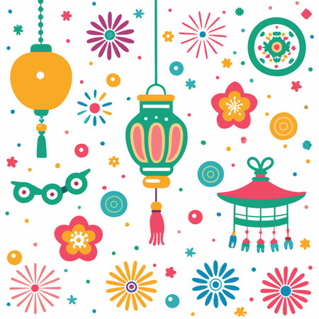 Festive graphic with lanterns, flowers, and a pagoda in a vibrant, colorful, cartoon styleのイラスト素材