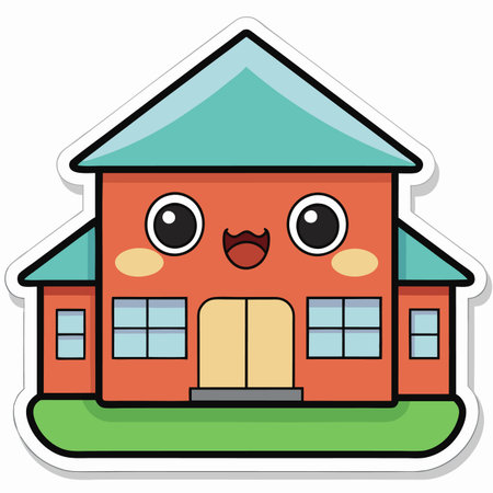 Cute cartoon house illustration with big eyes, smile, green lawn, and teal roofのイラスト素材