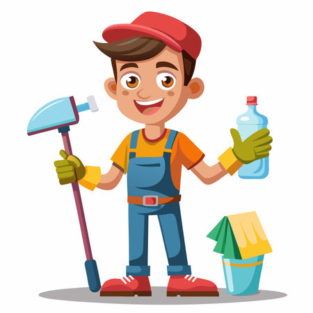 Cartoon cleaner stands with mop, spray, bucket and cloth, smiling, readyのイラスト素材