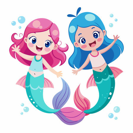 Two cute cartoon mermaids with colorful hair and fish tails, surrounded by bubbles, friendly and smilingのイラスト素材