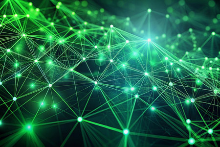 Green digital network connection glowing in dark space, abstract technology background for websiteの素材