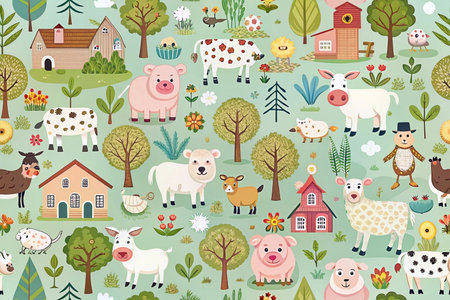 Charming farm animals and houses in a seamless pattern.の素材