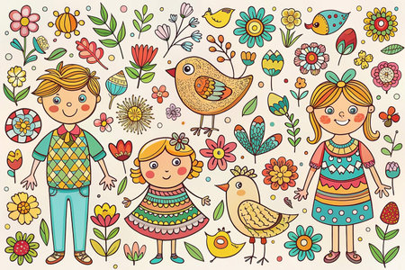 Happy children, birds, and flowers illustration.の素材