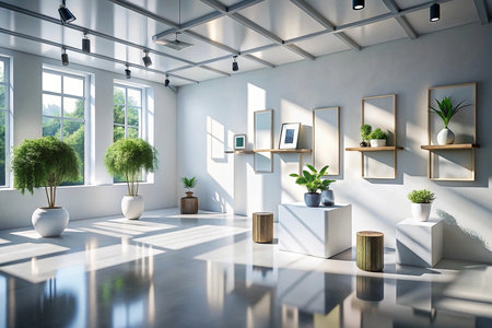Sunlit modern interior with plants, shelves, and minimalist decor.の素材