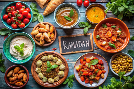 Ramadan feast diverse dishes, overhead view, rustic wood table, iftar celebrationの素材