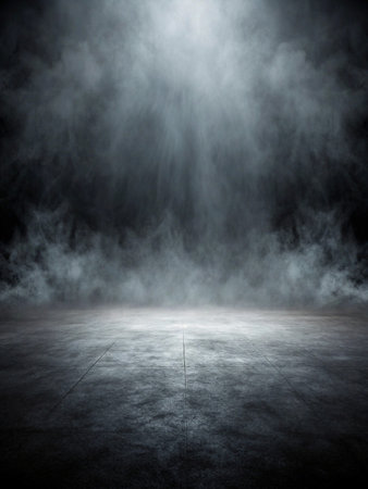 Dark smoky scene with spotlight on empty floor.の素材