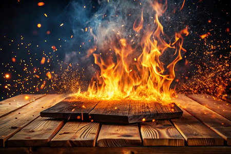 Fiery flames engulfing a wooden plank on a rustic table, sparks and smoke billowing.の素材