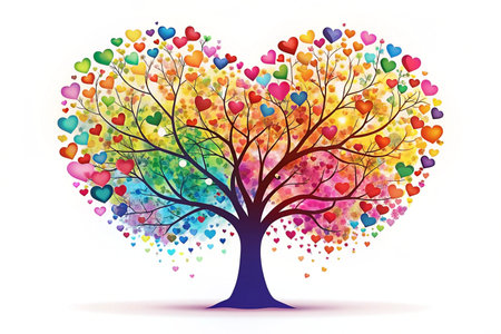 Colorful heart-shaped tree with rainbow hearts.の素材