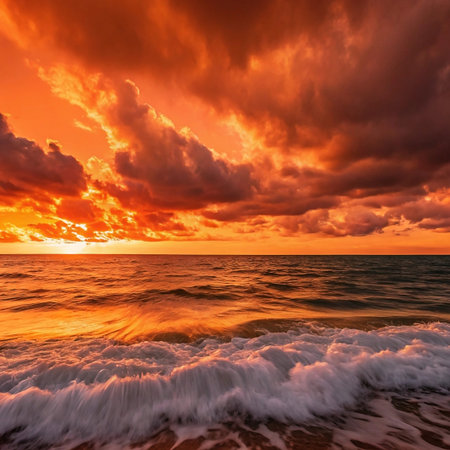 Fiery ocean sunset, dramatic cloudscape, coastal waves, tranquil beachの素材