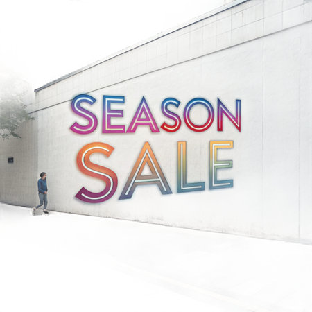 Season Sale Man near colorful &quot;Season Sale&quot; on a stark white wall, abstract perspectiveの素材
