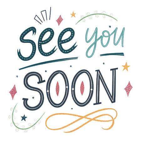 Playful lettering that reads &quot;See you Soon&quot; with star and diamond accentsの素材