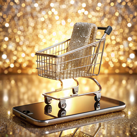Golden shopping cart with a glittery box, placed on a phone against a bokeh backdropの素材