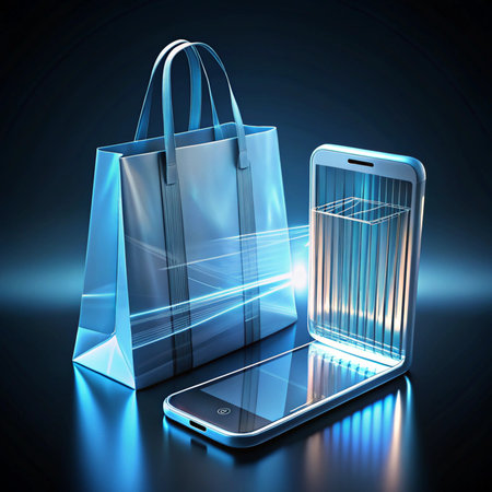 Bag and phone with holographic display, shining bright in dark backdropの素材