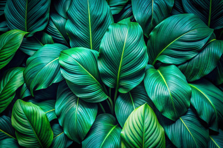 Glossy green leaves cascade, forming a lush, vibrant tropical foliage pattern with detailed texturesの素材