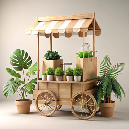 Plants on wooden cart. Striped awning on neutral background. Potted plants, natural lightの素材