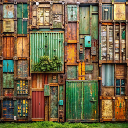 Colorful, stacked metal containers form a wall overgrown with greenery belowの素材