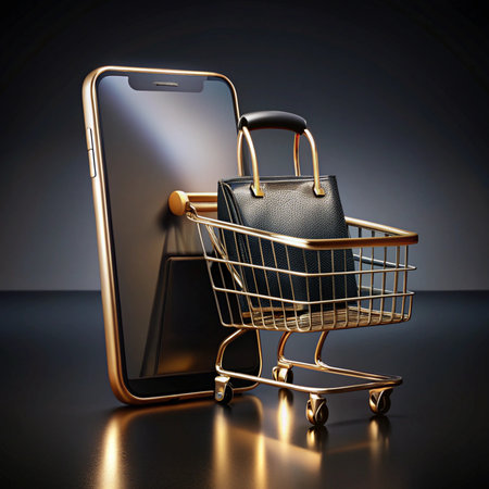 Phone shows shopping cart with bag. Dark background. Gold trimの素材