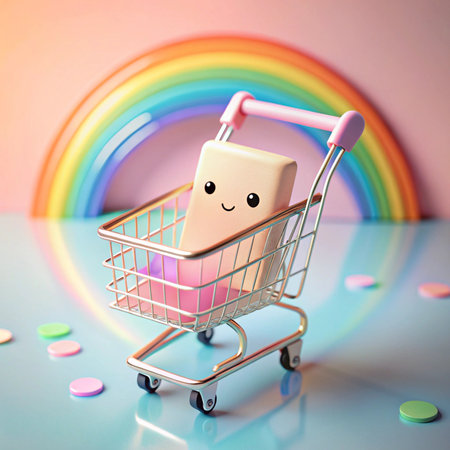 Smiling block in mini cart with rainbowの素材
