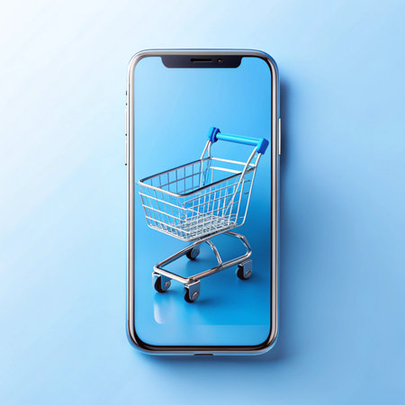 Phone display of blue shopping cart against solid light blue backgroundの素材
