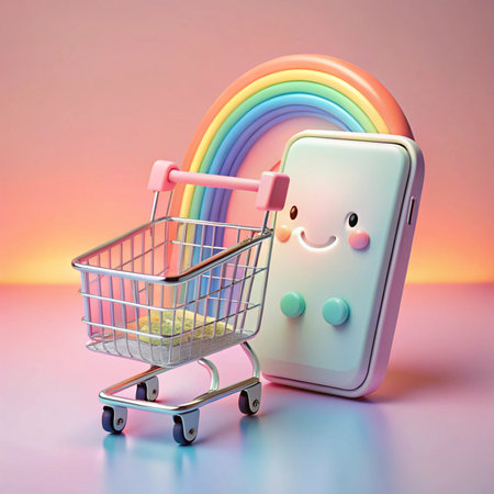 Cute phone with a smiley face next to a small shopping cart and a rainbow backgroundの素材