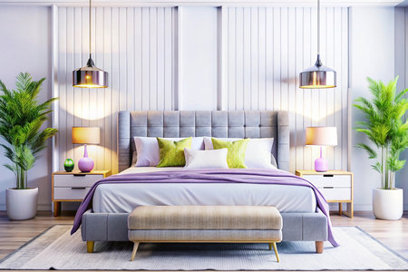 Modern bedroom interior design, white wall, purple bedding, plantsの素材