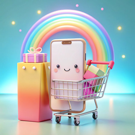 Phone character with shopping cart, rainbow backdrop, gifts, colorful, friendlyの素材
