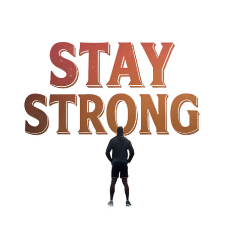 Man facing &quot;Stay Strong&quot; text. Motivation. Empowerment. Challenge overcoming conceptの素材