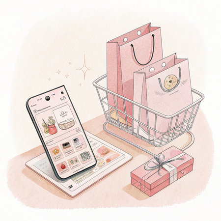 Online shopping setup with mobile, tablet, gift, and bagsの素材
